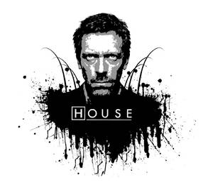 一名眼神銳利的男子的圖形肖像，周圍有墨水飛濺和「HOUSE」字樣。 — 乾淨 壁紙