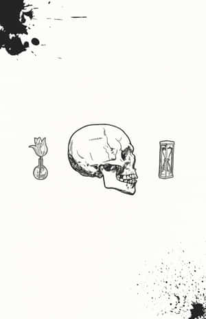 極簡黑色墨水插圖中的骷髏頭、鬱金香和沙漏。 — 死亡 壁紙