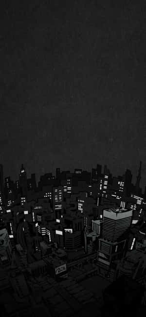 一幅黑白插圖的城市夜景，帶有發光的窗戶。 — iPhone 16e 壁紙