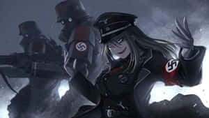 動漫女孩穿著納粹制服，與兩名戴面具的士兵在雪地戰鬥場景中微笑。 — 高清 壁紙