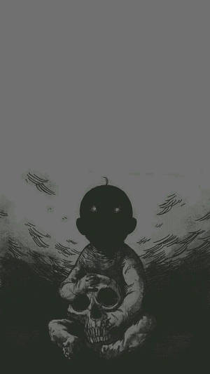 在黑暗單色插圖中，一個孩子在暴風雨天空下手持頭骨。 — 哥德美學 壁紙