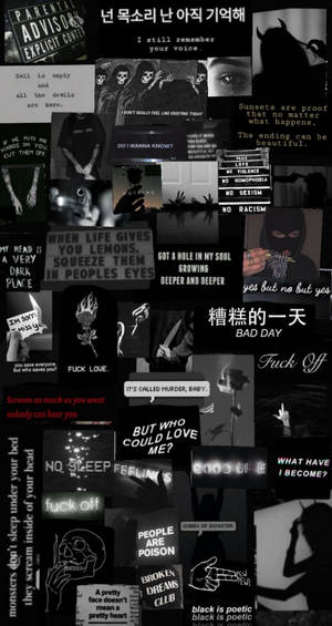 黑暗的黑白圖片拼貼，帶有關於絕望和反叛的憤怒文字引用。 — 另類美學 壁紙