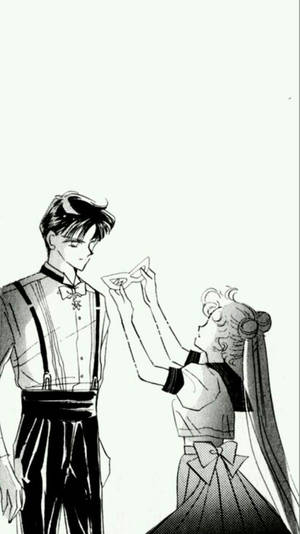 黑白動漫風格中，一位女孩向一位身穿正裝的男孩遞上一隻紙鶴。 — 美學動漫手機 壁紙