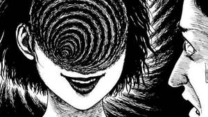 一位面部為旋轉漩渦的女性凝視著一位驚恐的男子。