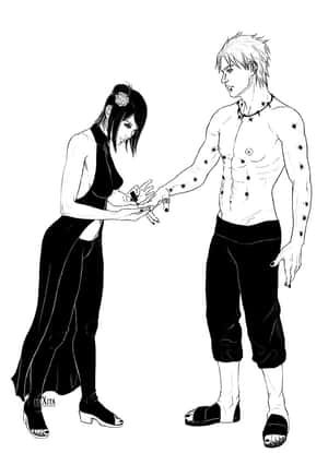 兩個動漫角色以黑白線條藝術交換一個物體，表情專注。 — 暗黑動漫風格GIF 壁紙