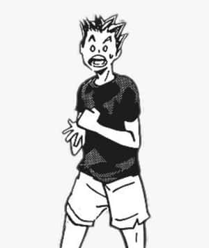 一個受驚的動畫男孩，頭髮尖刺，眼睛睜大，黑白風格。 — 排球 壁紙