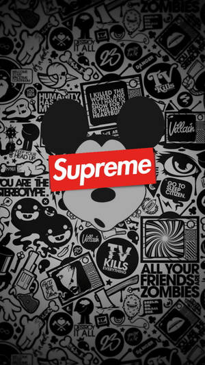 Supreme標誌在米奇老鼠剪影上，覆蓋混亂的塗鴉貼紙。 — 酷炫至尊 壁紙