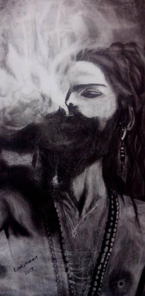 一位留著辮子鬍鬚的男人，在黑白插圖中從煙斗呼出煙霧。 — 抽菸 壁紙