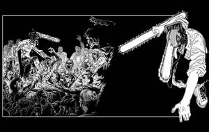 手持電鋸的人物在黑白插圖中面對一群尖叫的殭屍。 — 動漫戰鬥 壁紙
