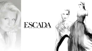 Escada by Margaretha Ley 時尚廣告，附有肖像和穿著禮服的模特兒草圖。 — 艾斯卡諾 壁紙