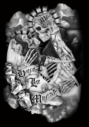 兩個裝飾過的骷髏穿著婚禮服飾，與玫瑰和短語 Hasta La Muerte 擁抱。