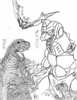 四個怪獸在黑白素描戰鬥場景中。 — HMD Terra M 壁紙