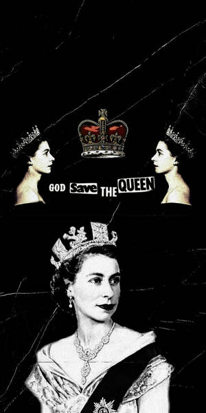 伊莉莎白二世女王身穿皇家服飾，戴著王冠，背景裂紋上寫有「God Save The Queen」文字。 — 普普藝術動圖 壁紙