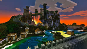 Minecraft城堡在懸崖上，夕陽下，下方有村莊和河流。 — 我的世界 壁紙