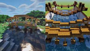 在Minecraft風格的景觀中，一座像素化的木橋橫跨河流。 — 塔橋 壁紙