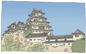 日本城堡在山丘上，有綠樹和藍天 — 日式藝術 壁紙