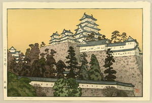 日本城堡在山上，周圍樹木，天空黃色 — 日式藝術 壁紙
