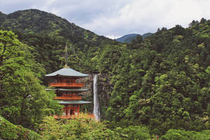 在森林覆蓋的山谷中，一座紅綠相間的日本寺廟位於瀑布旁。 — 日本 壁紙