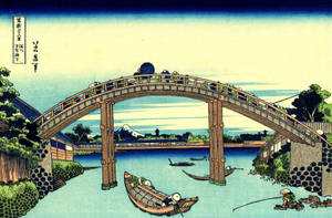 日本富士山附近河流上的木橋，有船隻和漁夫。 — 日式藝術 壁紙