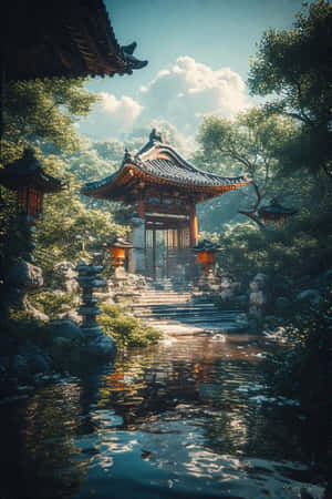 一座木製日本鳥居，旁邊有燈籠，池塘倒映著樹木和天空 — 簡約 壁紙