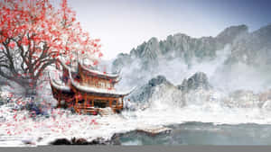 雪河邊的傳統亭閣，配以紅樹和霧山。 — 日式自然壁紙