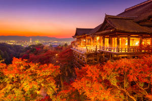 山坡上的寺廟，暮色中周圍環繞著秋葉，下方是城市燈光。 — 秋季美學 壁紙