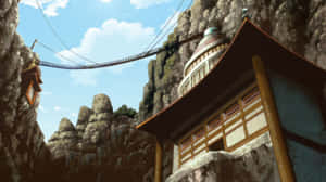 藍天下由吊橋連接的懸崖上的動漫寺廟 — 酷 naruto 壁紙