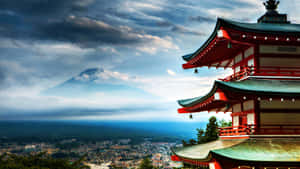 紅色寶塔俯瞰霧谷和富士山 — 日式 壁紙
