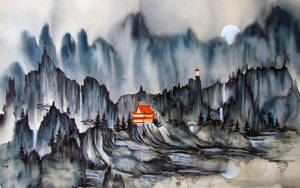 月光下，山脊上的紅色寺廟，伴隨著薄霧和瀑布。 — 山脈 壁紙