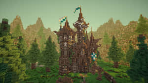 一座帶有藍色旗幟的Minecraft城堡，位於森林中，背景有山脈。 — 最佳我的世界 壁紙