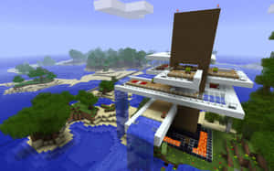 一座位於海洋島嶼上的Minecraft房屋，設有玻璃陽台和木柱。 — 可愛 Minecraft 壁紙