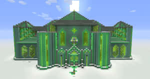 一座由綠色和灰色方塊組成的Minecraft教堂，在藍天白雲下。 — 我的世界 鑽石 壁紙