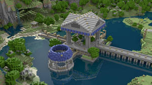 像素化寺廟在橋上橫跨湖泊，Minecraft風格 — 我的世界 壁紙