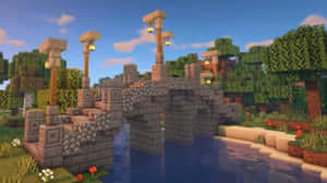 Minecraft風格方塊景觀中，河流上的石橋與燈籠。 — 塔橋 壁紙