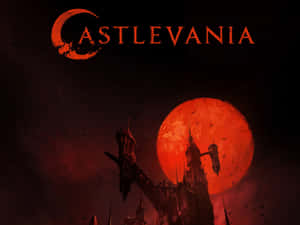 血月下的哥德式城堡，蝙蝠飛舞和Castlevania標誌 — 惡魔城 壁紙
