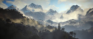 霧氣瀰漫的山腰上的寺廟與晨光中的雪山 — 山脈 壁紙