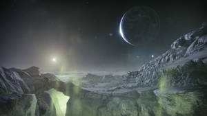 外星行星上的未來主義前哨站，有發光的太陽和月亮 — 天命2 壁紙