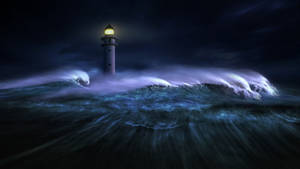 燈塔在夜間穿過暴風雨的海浪閃耀。 — 海洋 壁紙