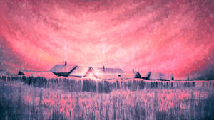 雪覆蓋的農舍在粉紅和紫色暮色天空下 — 美學粉色GIF 壁紙