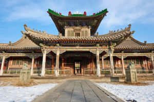 雪地與藍天下的古老中國寺廟 — 蒙古 壁紙