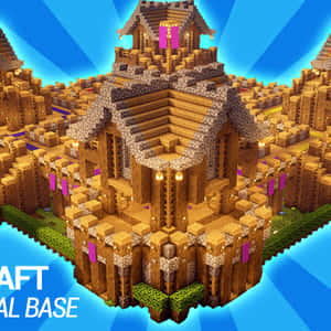 漂浮在水面上的Minecraft堡壘，帶有發光燈籠和紫色旗幟。 — 城堡動畫 壁紙
