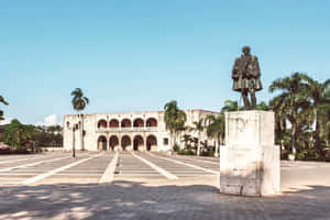 廣場上的雕像，前面是殖民地建築和棕櫚樹 — 藍天 壁紙