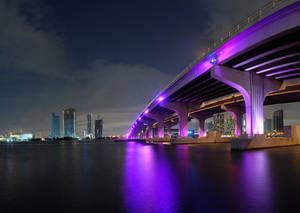 夜晚，一座紫色燈光的橋樑橫跨水面，背景是城市天際線