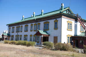 歷史悠久的白色建築，帶金色裝飾和綠色屋頂，陽光明媚 — 城堡動畫 壁紙