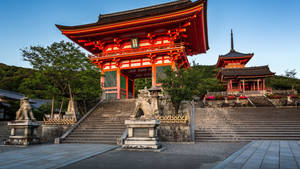 日落時分的紅色日本寺廟大門和石獅。 — 京都 壁紙