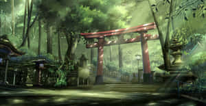 日本神社的紅色鳥居，周圍環繞著綠色森林和柔和陽光。 — 日式 壁紙