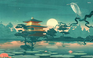 月光下的池塘邊，發光的寶塔，樹枝上有白鷺和蓮花。 — 青色GIF 壁紙