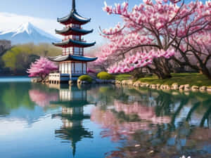 傳統日本寶塔，旁邊有湖，背景有櫻花和雪山。 — 山脈 壁紙