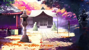 在色彩繽紛的天空下，一座被秋樹和落葉環繞的日本神社。 — 美麗的動畫 壁紙