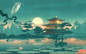 水邊發光的寶塔，滿月下樹枝上的白鷺。 — 簡約 壁紙
